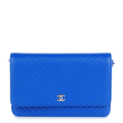 Chanel Caviar Chevron Quilted Wallet On Chain WOC Blue 1 of 8
