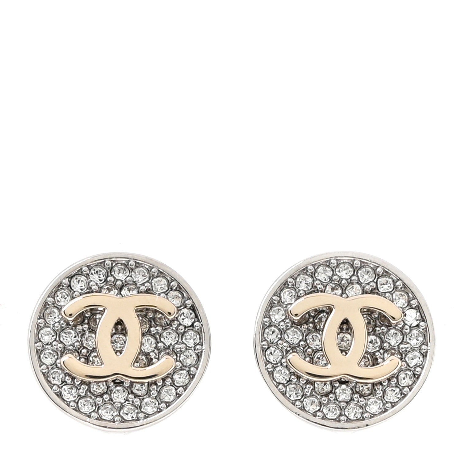 Chanel Crystal CC Round Earrings Silver 1 of 5