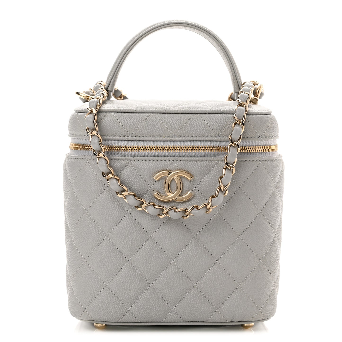 Caviar Quilted Small Top Handle Vanity Case With Chain Grey