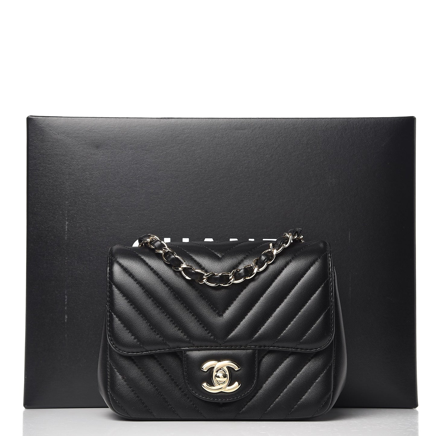 Lambskin Chevron Quilted Mini Square Flap Black