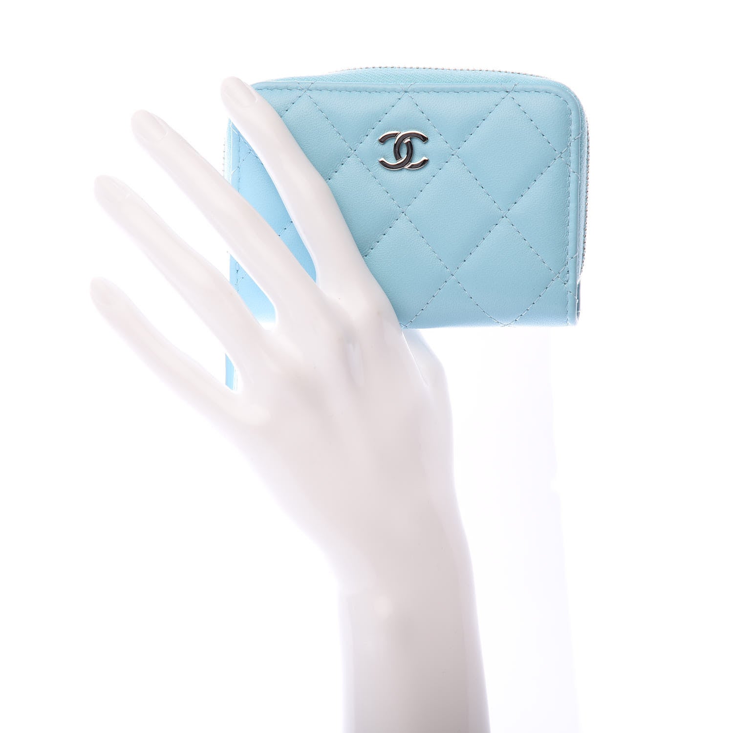 Chanel Lambskin Quilted Zip Around Coin Purse Wallet Neon Blue 2 of 8