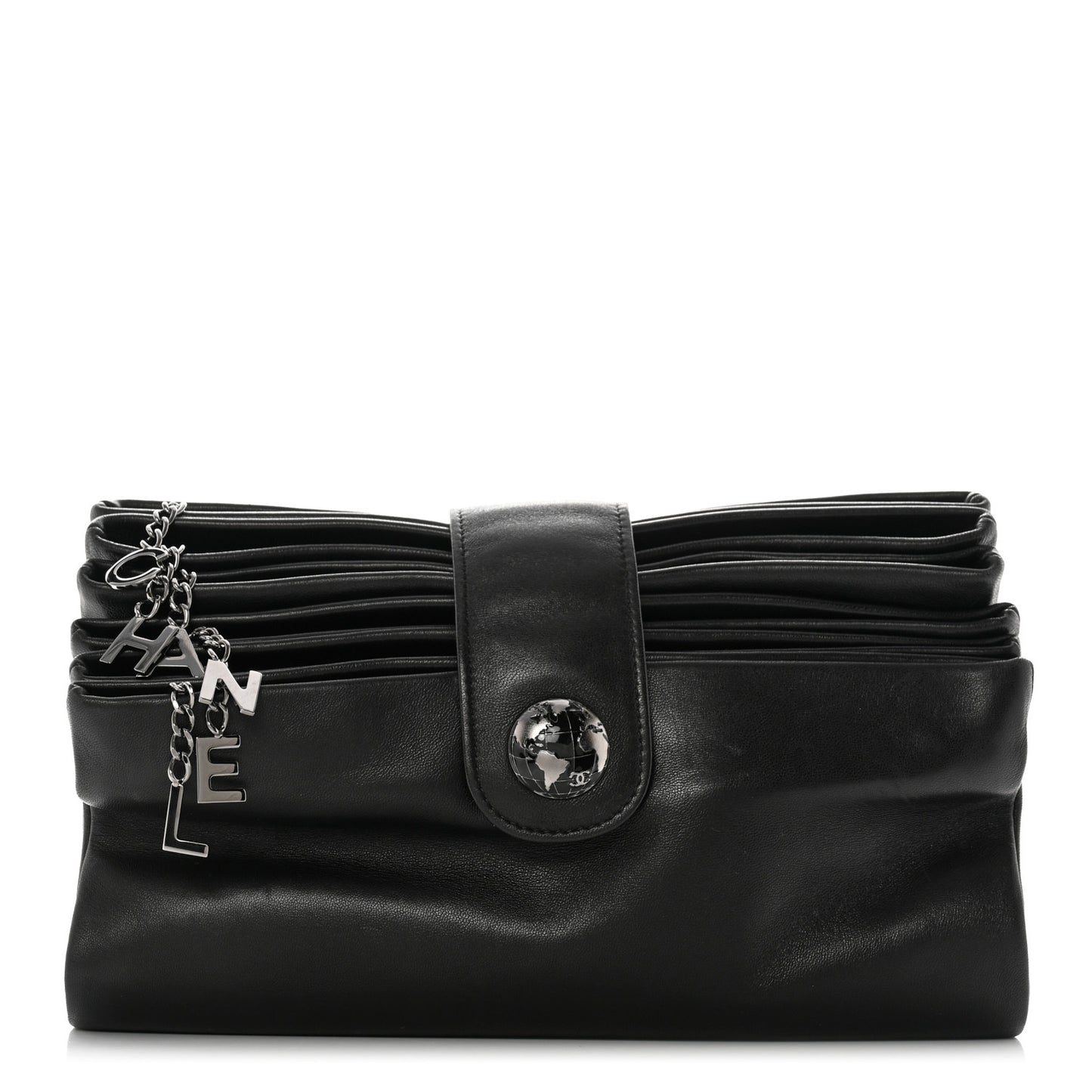 Lambskin Accordion Globe Clutch Black