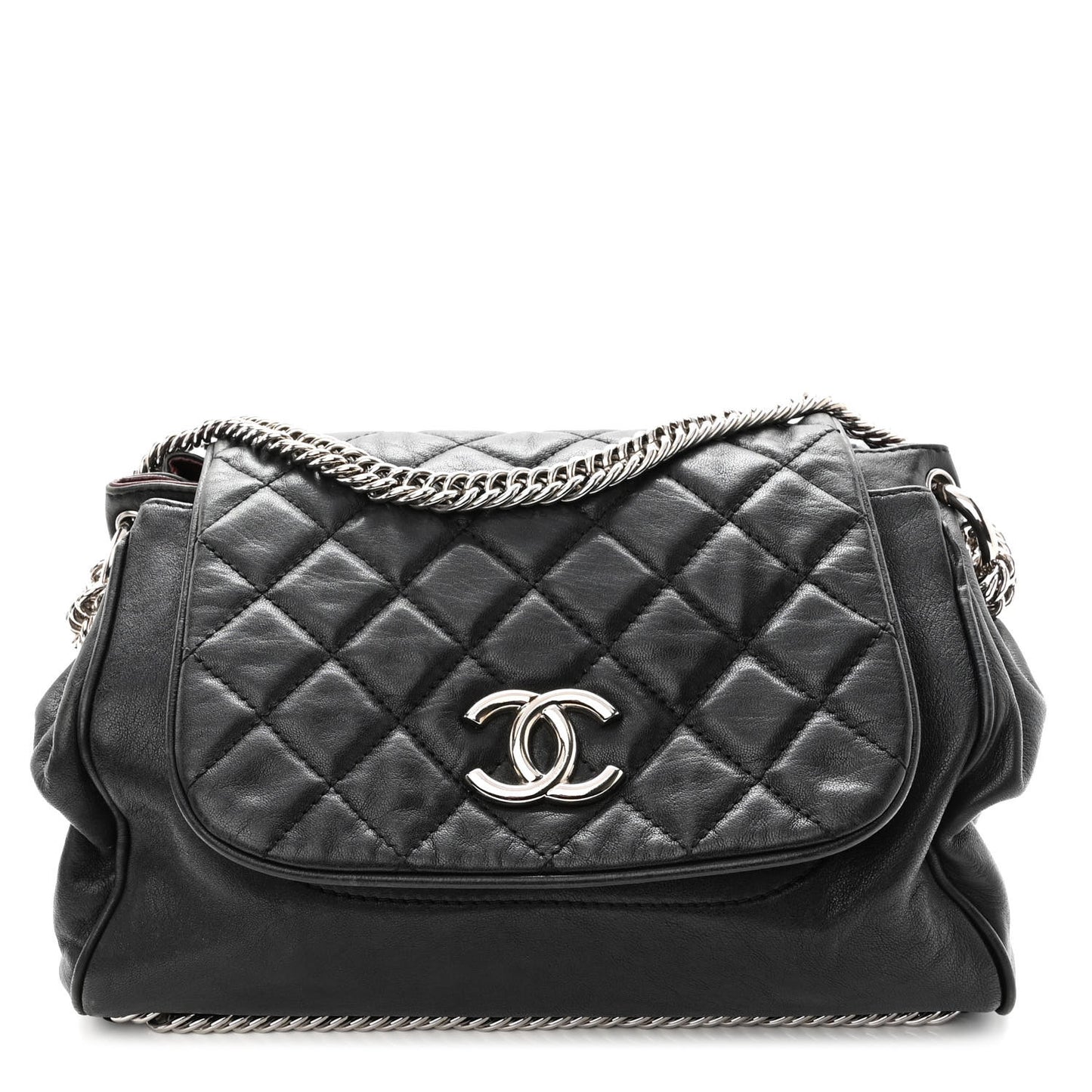 Washed Lambskin Quilted Bijoux Chain Accordion Flap Black