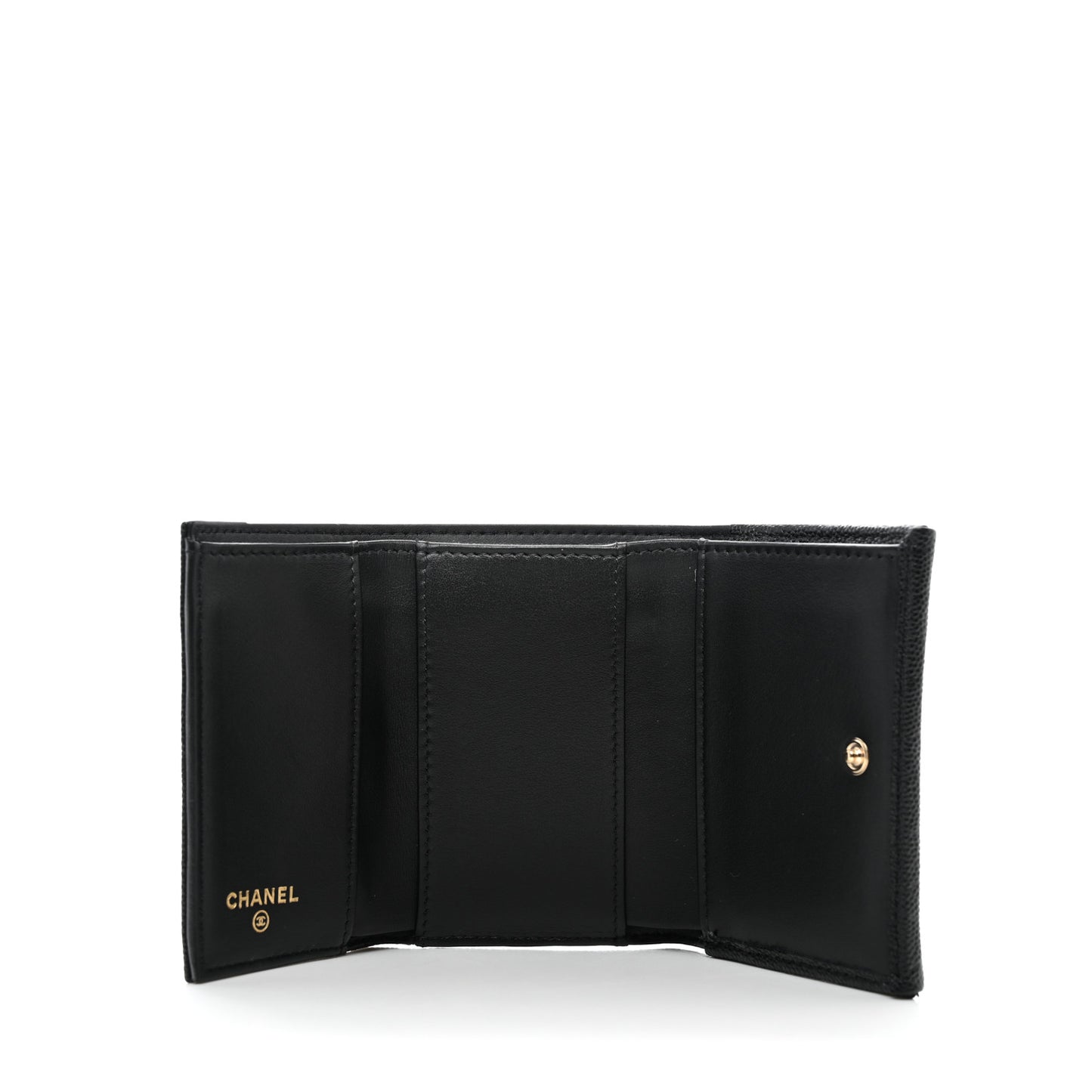 Caviar Camellia Embossed Compact Wallet Black