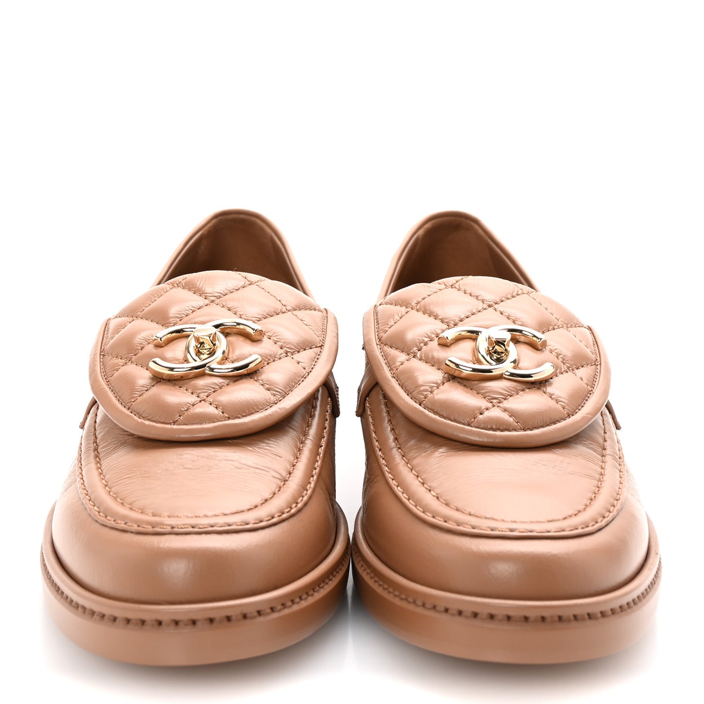 Crumpled Lambskin Quilted CC Turnlock Moccasins 39.5 Dark Beige