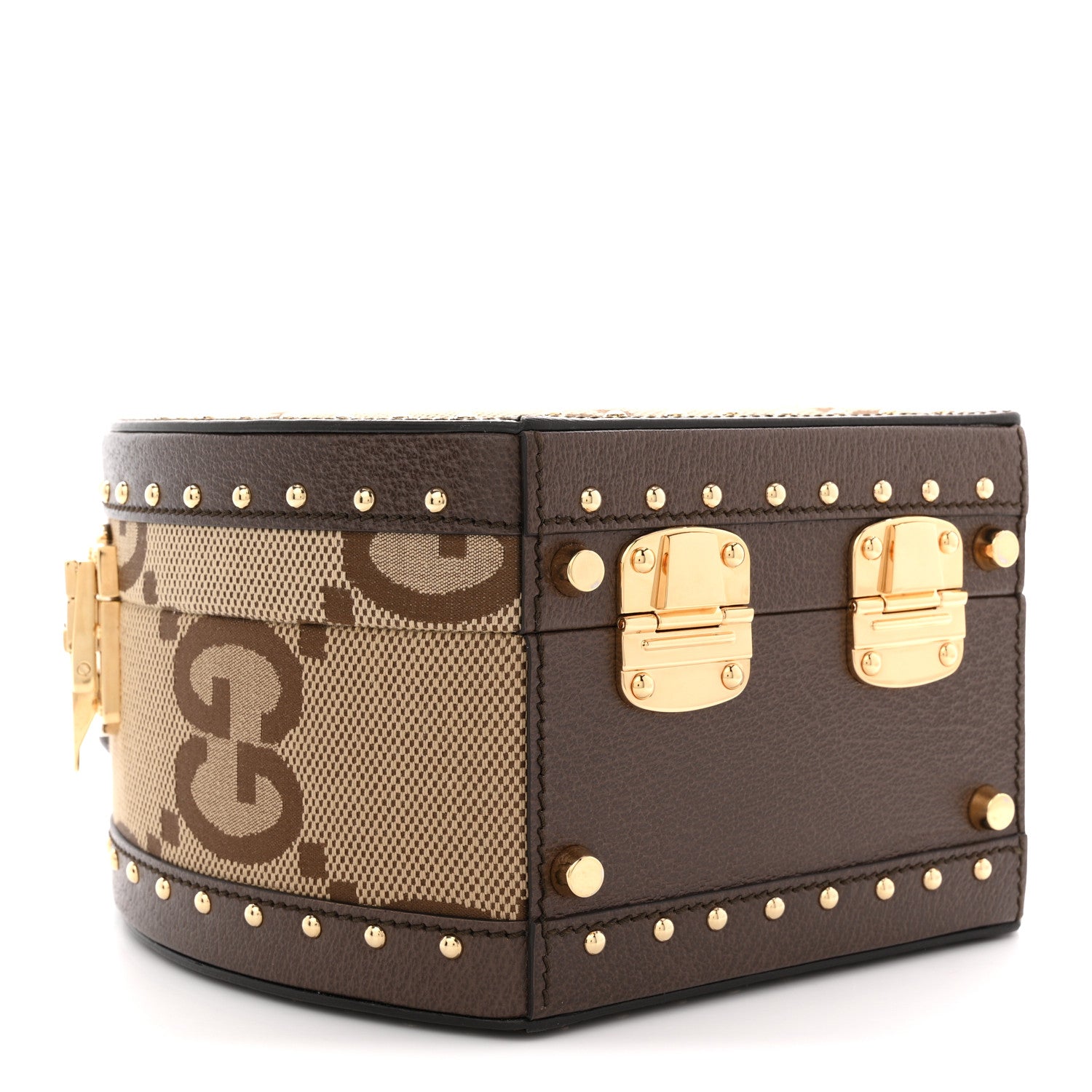 Gucci Monogram Jumbo GG Textured Dollar Calfskin Web Mini Savoy Hat Box Camel Ebony New Acero 4 of 10