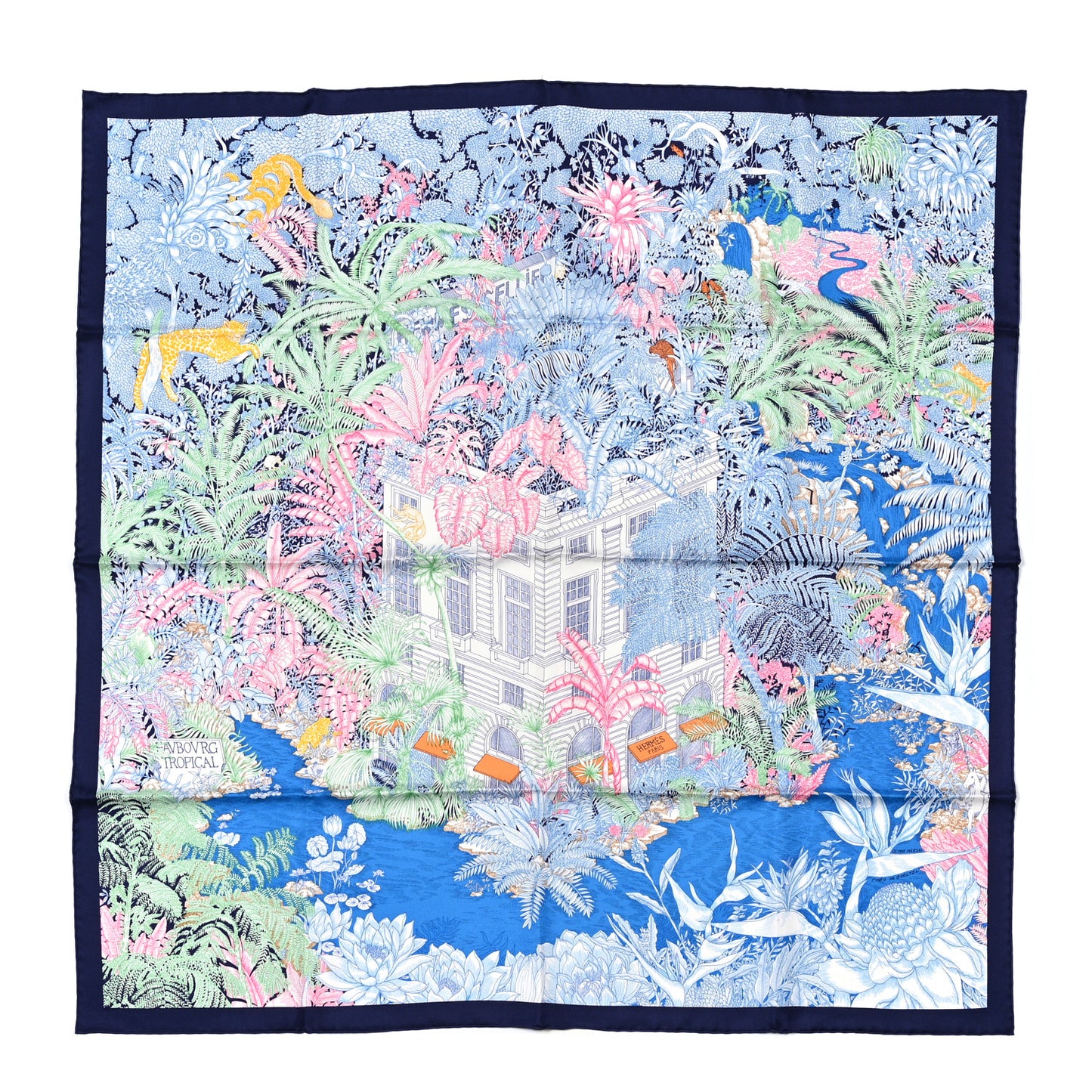 Silk Faubourg Tropical Scarf 90 Bleu Jean Vert Jaune Sofre