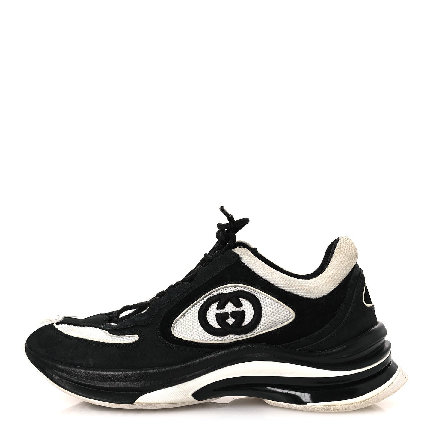 Technical Knit Fabric Suede Calfskin Womens Gucci Run Sneakers 38 Black White