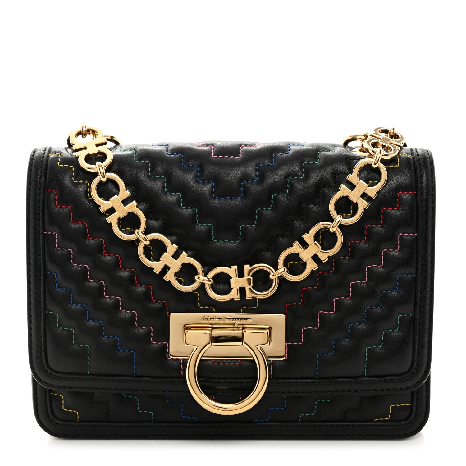 Salvatore Ferragamo Calfskin Stitched Gancini Crossbody Flap Black Multicolor 1 of 11