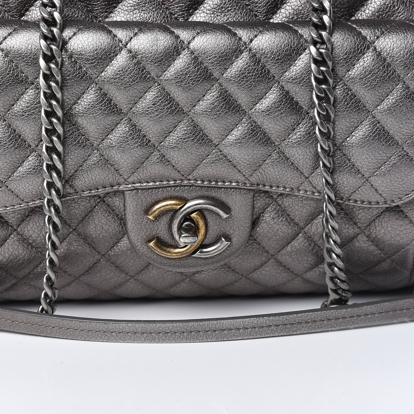 Metallic Grained Calfskin Quilted Large Casual Pocket Tote Silver