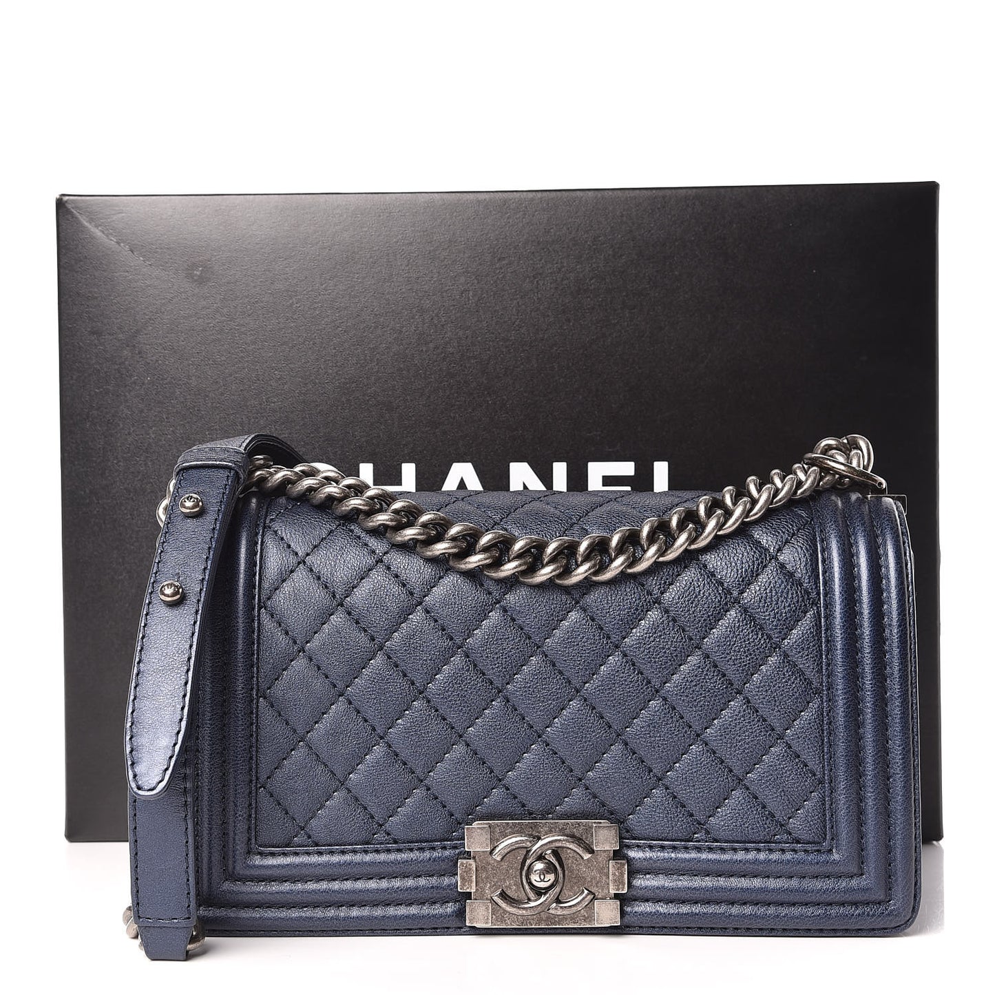 Metallic Calfskin Quilted Medium Boy Flap Blue