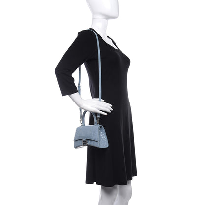 Balenciaga Shiny Calfskin Crocodile Embossed Hourglass Top Handle Bag XS Blue 2 of 9