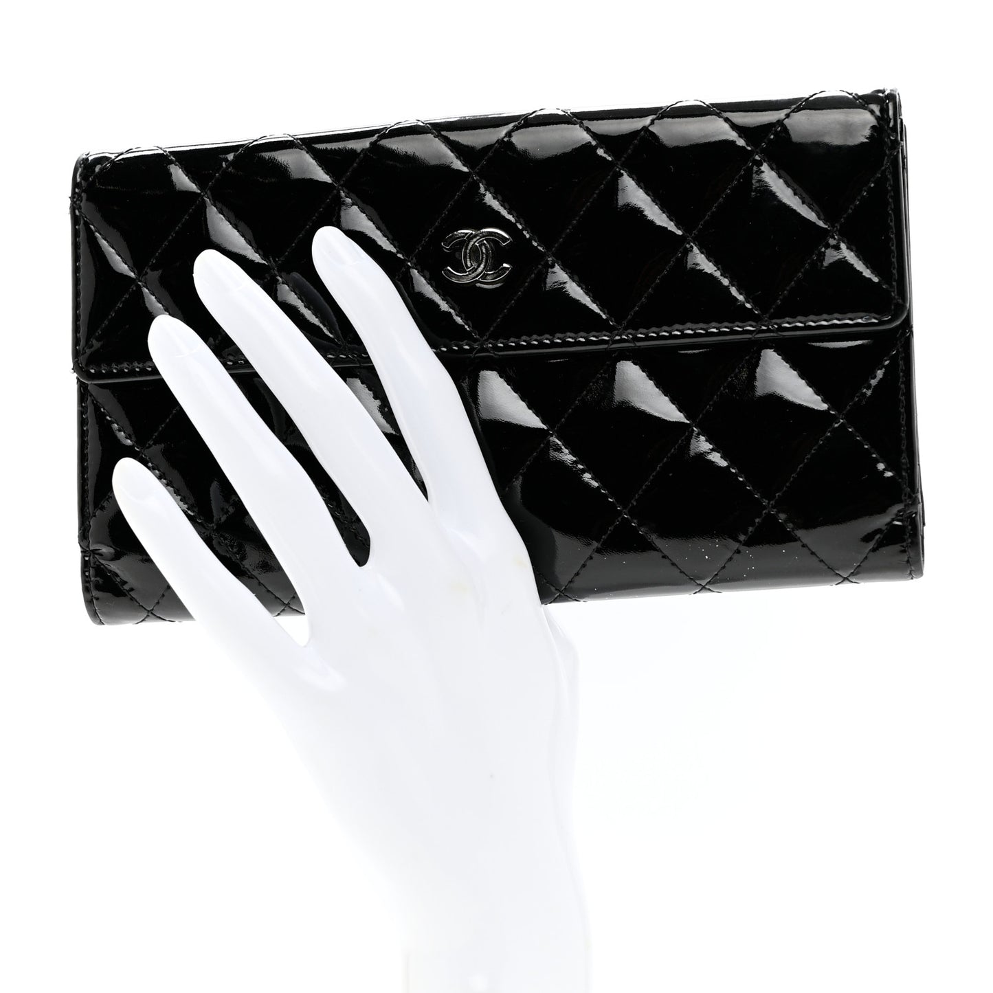 Patent Quilted Large Flap Wallet Black