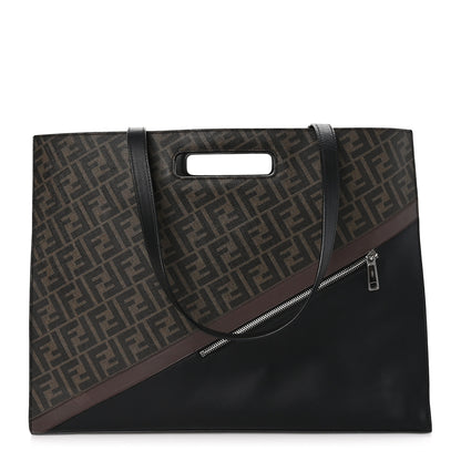 Fendi Glazed Fabric Vitello Liberty FF 1974 Diagonal East West Shopper Tote Tobacco Moresco Black 1 of 10