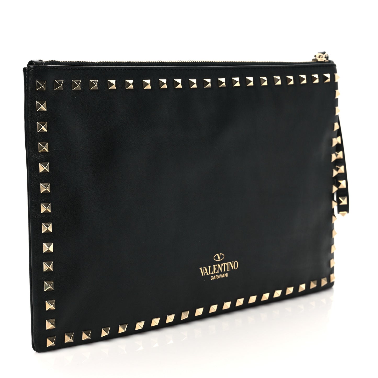 Vitello Large Rockstud Zip Wristlet Pouch Black
