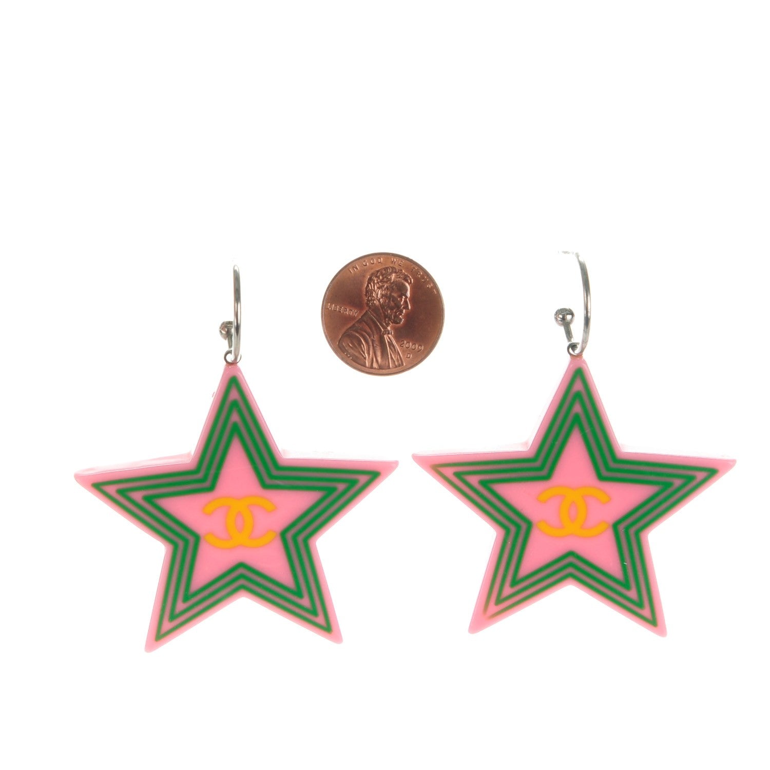 Chanel Resin CC Star Drop Earrings Pink Green 2 of 3