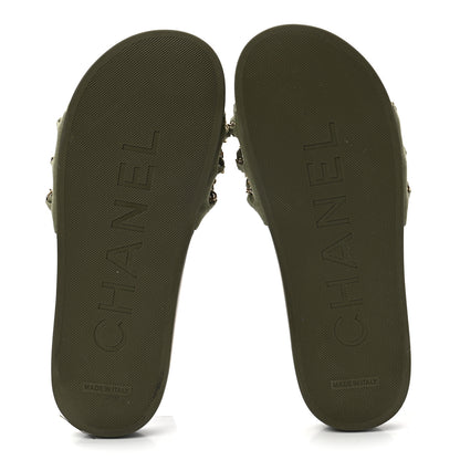 Chanel Canvas Chain Flat Sandals 38 Khaki 5 of 8