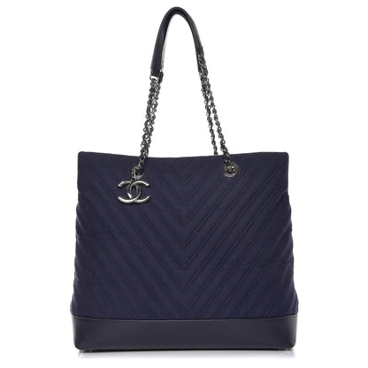 Chanel Canvas Caviar Chevron Shopper Tote Navy Blue 1 of 7