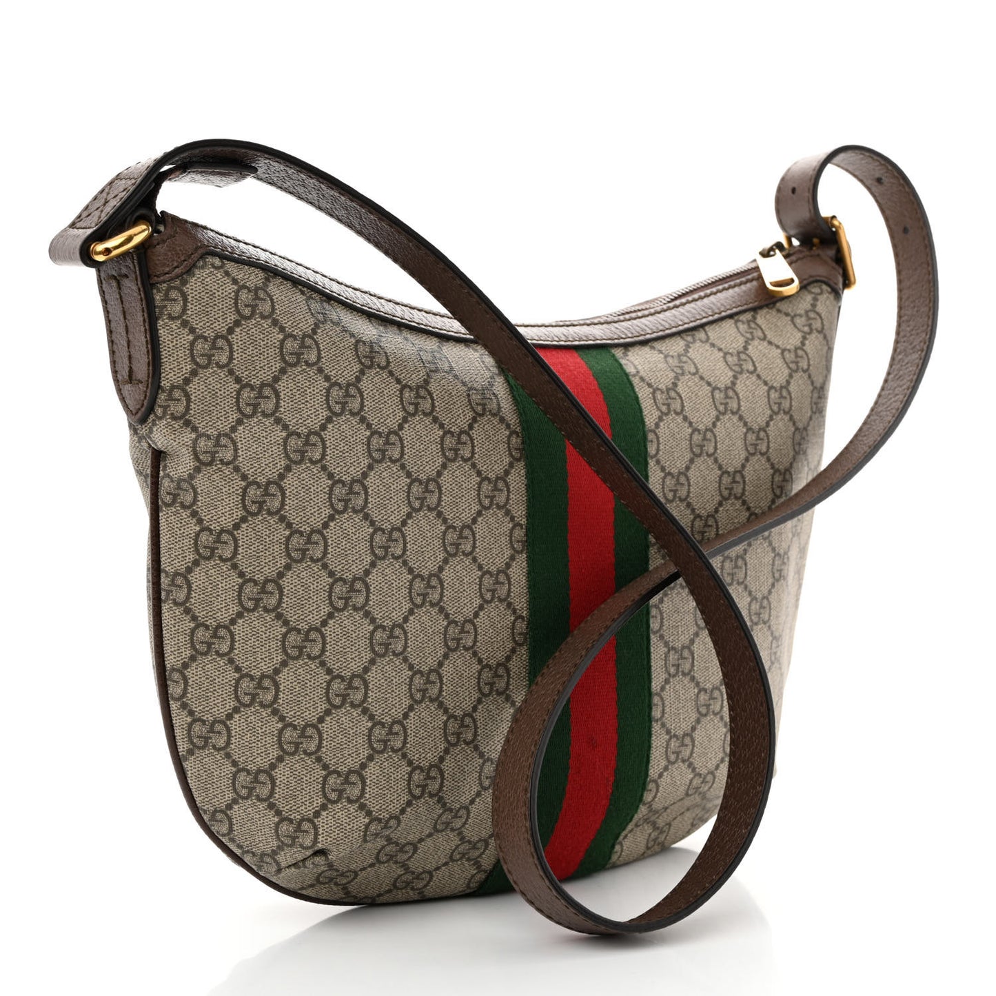 GG Supreme Monogram Textured Dollar Calfskin Web Small Ophidia Half Moon Hobo Beige Ebony New Acero