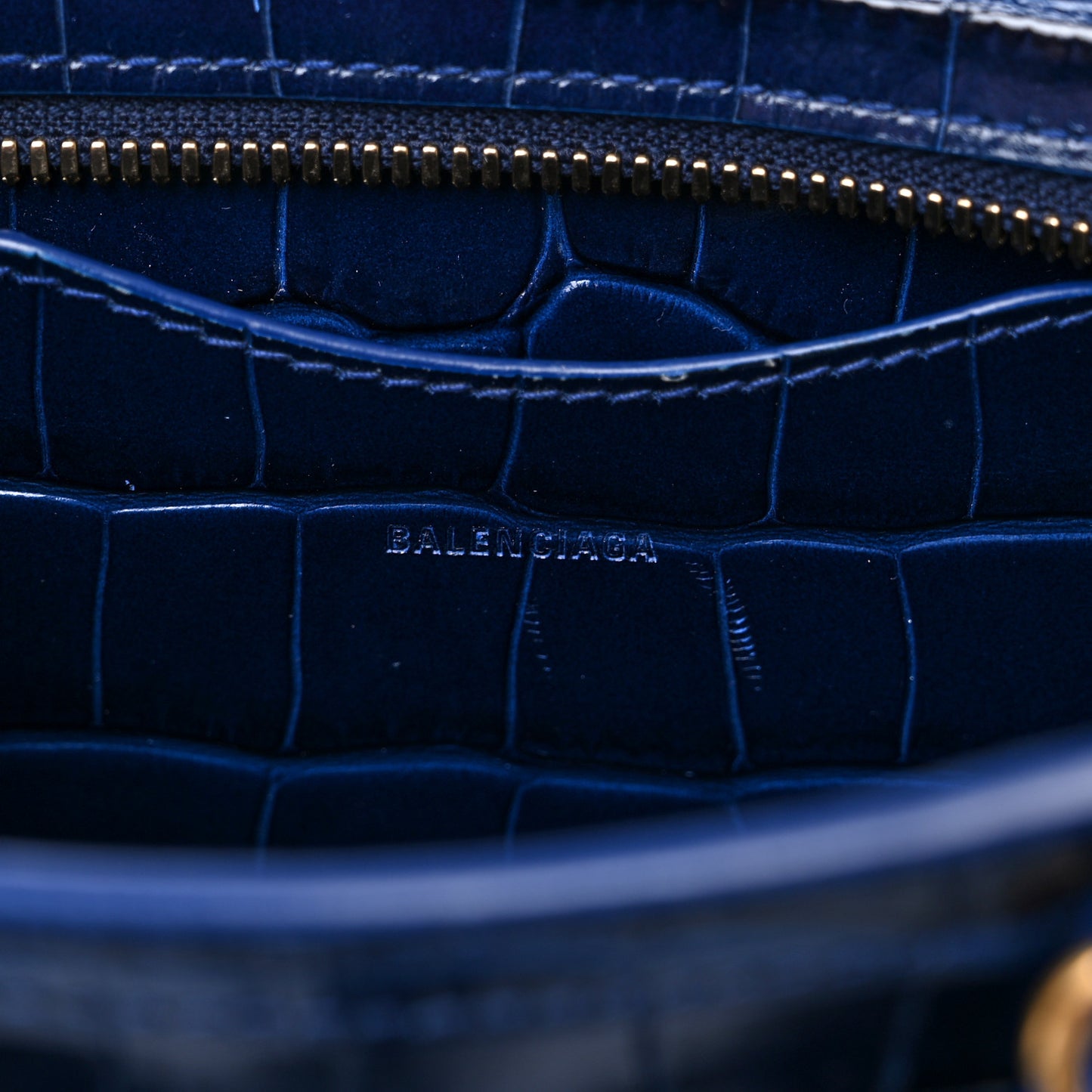 Shiny Supple Calfskin Crocodile Embossed Neo Classic Gold Hardware Mini City Navy