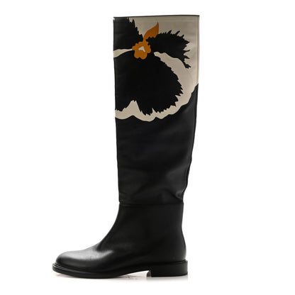 Valentino Garavani Calfskin Floral Print Knee High Flat Boots 39.5 Black 1 of 11