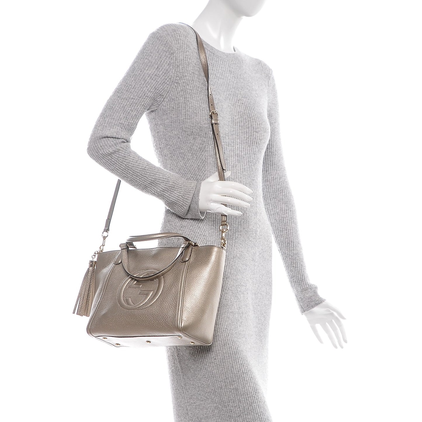 Metallic Pebbled Calfskin Small Soho Top Handle Bag Golden Beige