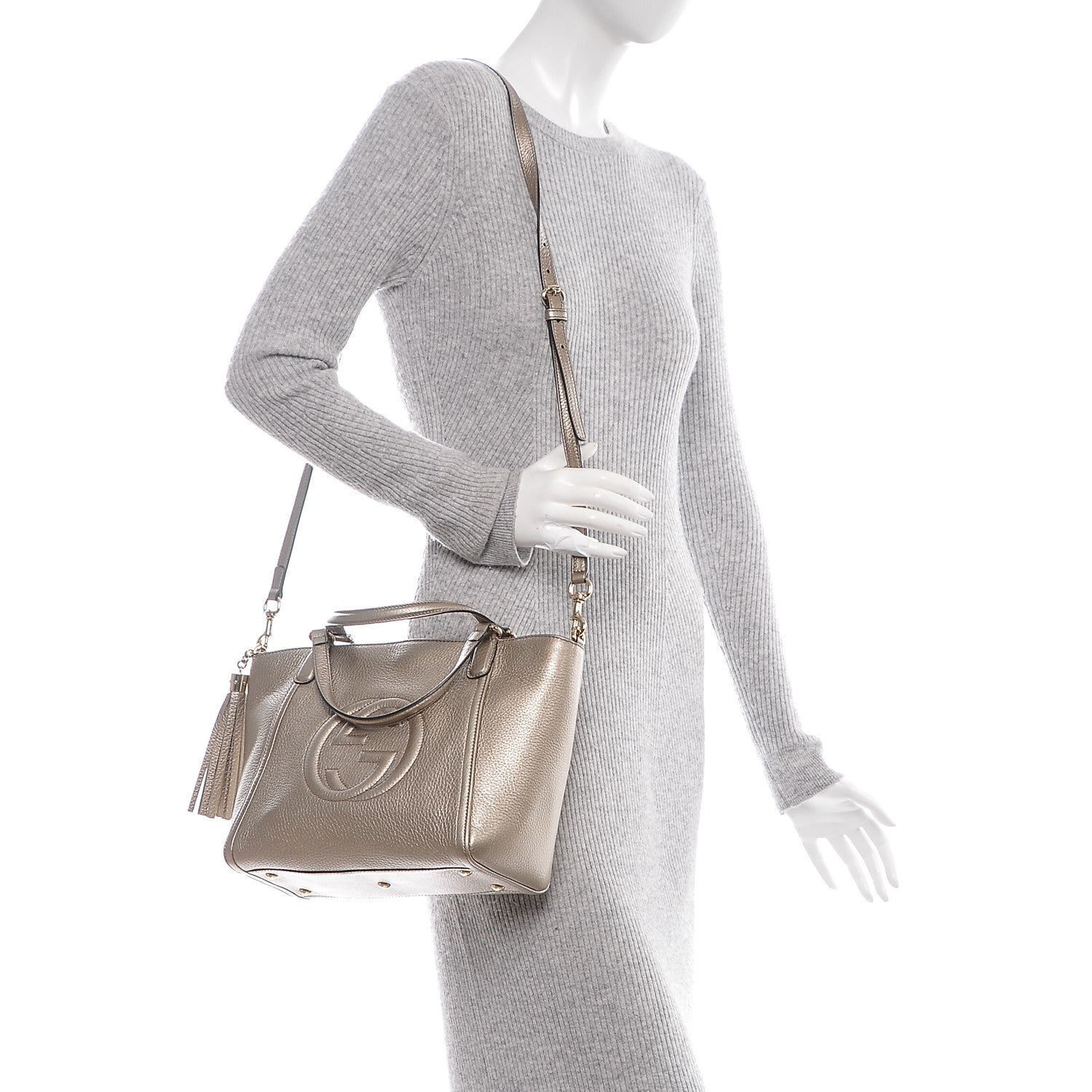 Gucci Metallic Pebbled Calfskin Small Soho Top Handle Bag Golden Beige 2 of 7