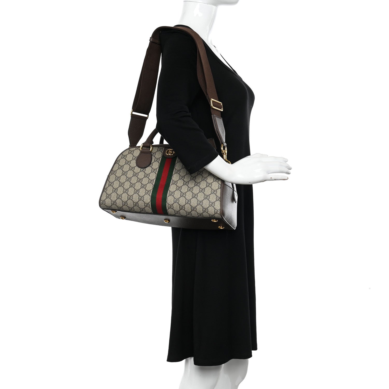 Gucci GG Supreme Monogram Textured Dollar Calfskin Web Medium Ophidia Top Handle Bowler Bag Beige Ebony New Acero 2 of 10