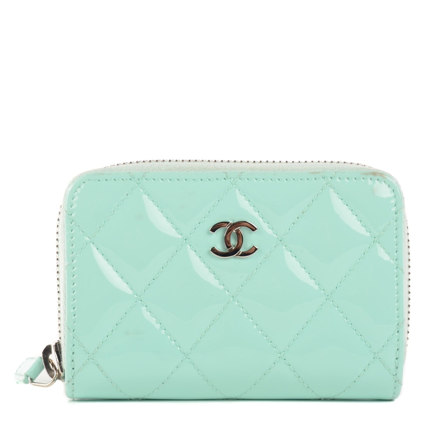 Patent Calfskin Quilted Zip Coin Purse Light Green