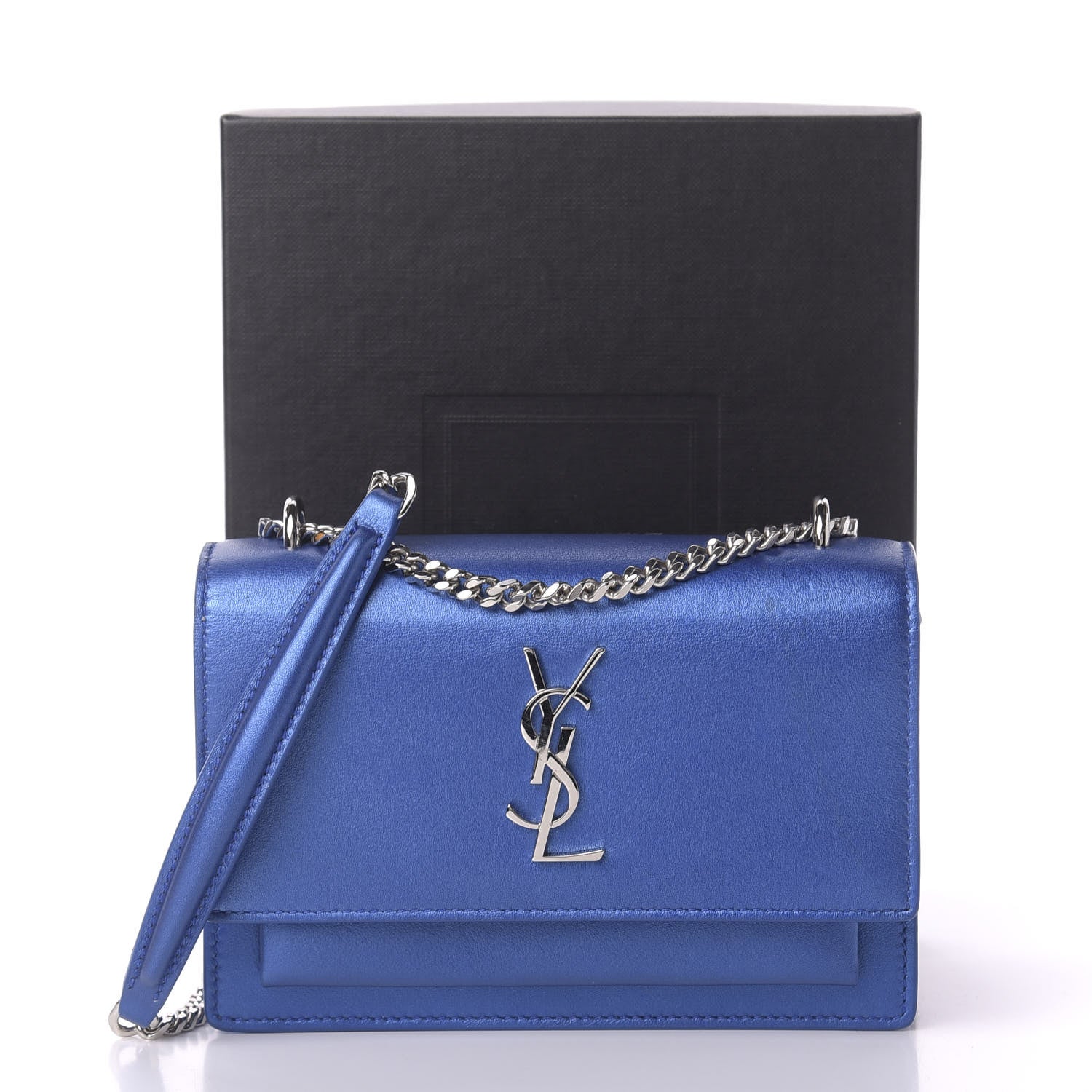 Saint Laurent Metallic Calfskin Monogram Sunset Chain Wallet Blue Royal 13 of 13