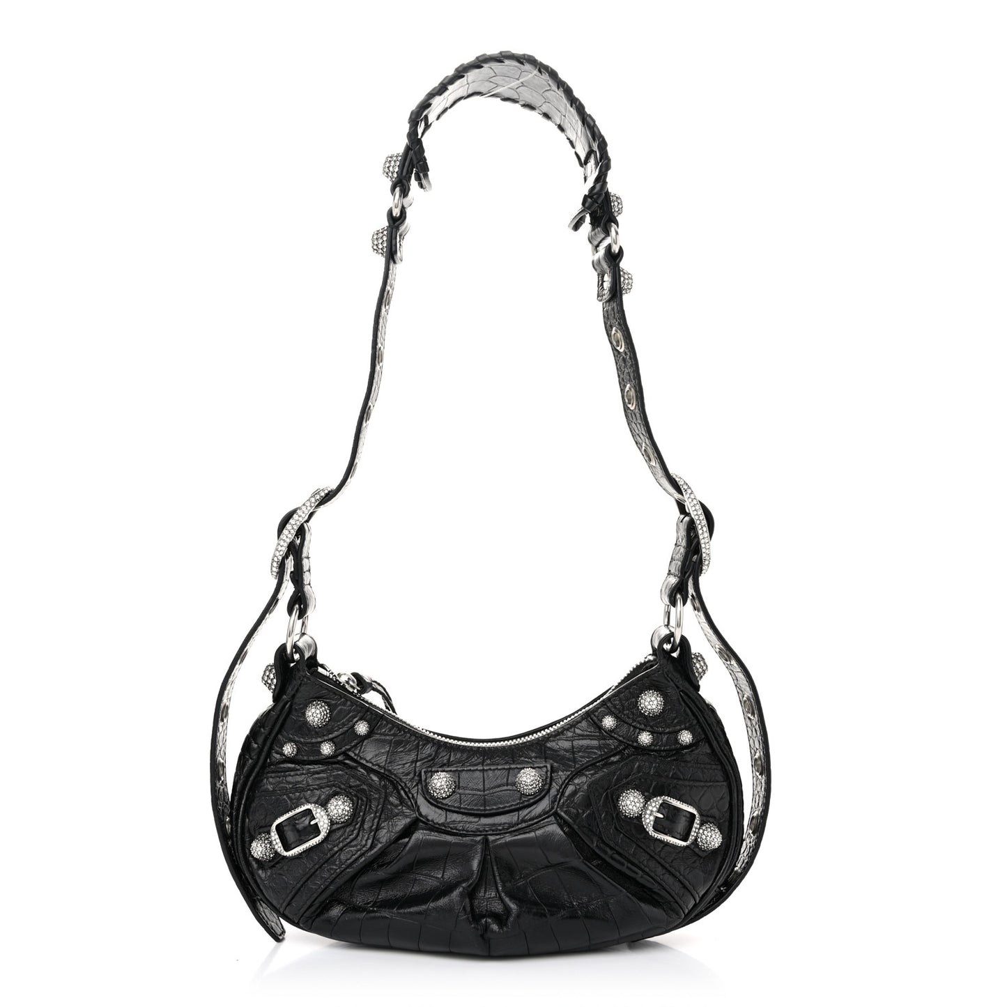 Extra Supple Calfskin Crystal Crocodile Embossed Le Cagole Shoulder Bag XS Black