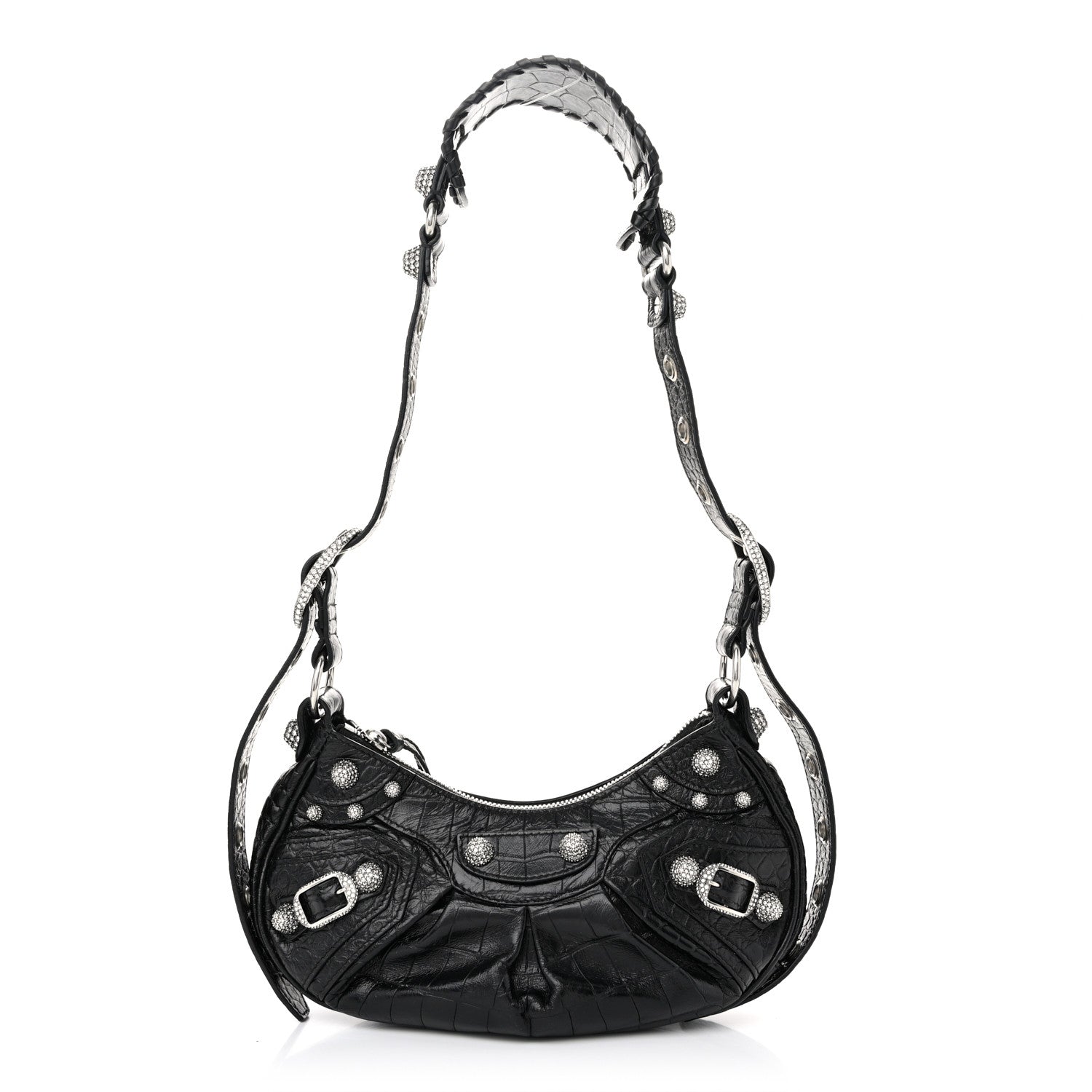 Balenciaga Extra Supple Calfskin Crystal Crocodile Embossed Le Cagole Shoulder Bag XS Black 1 of 11