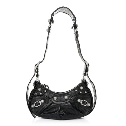 Balenciaga Extra Supple Calfskin Crystal Crocodile Embossed Le Cagole Shoulder Bag XS Black 1 of 11