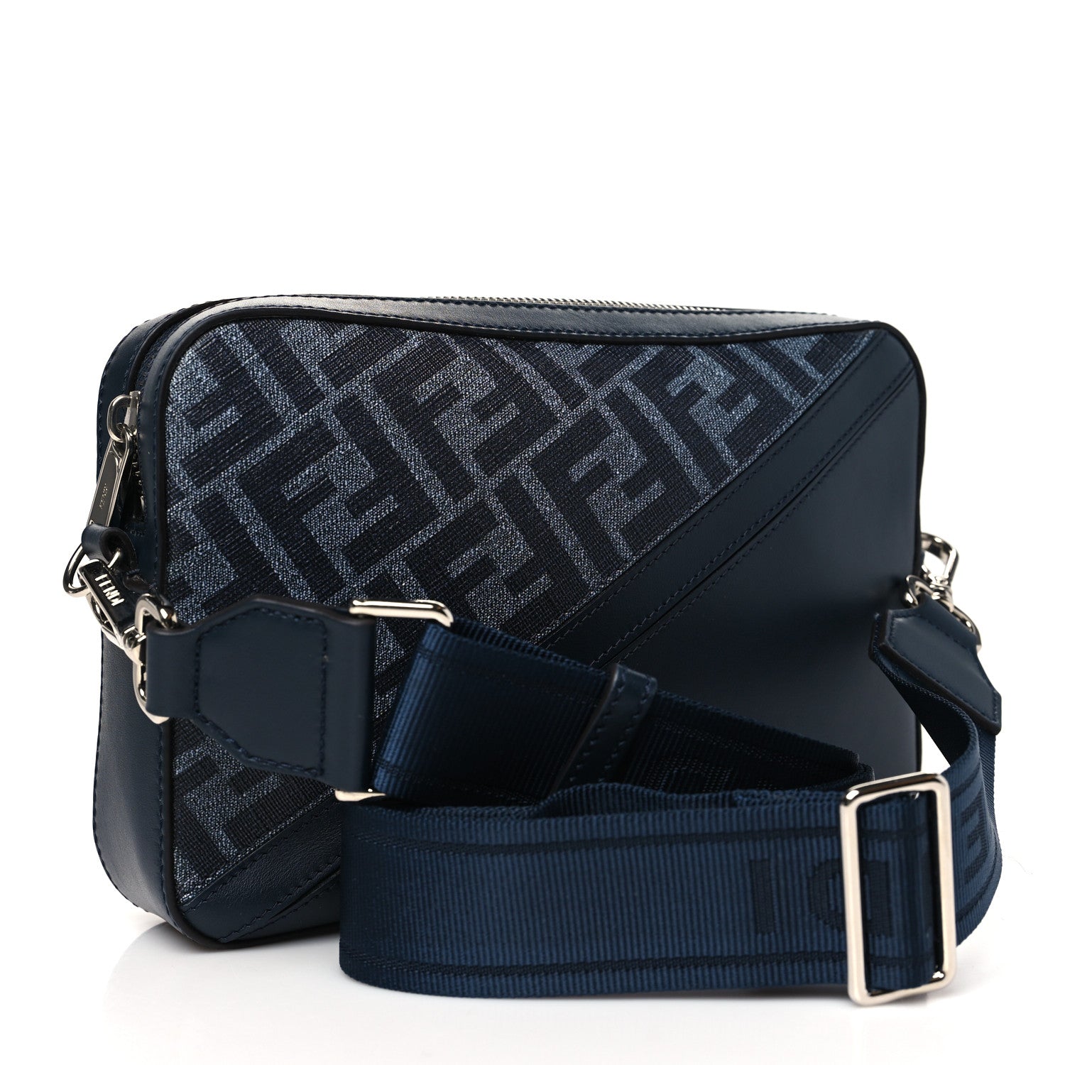 Fendi Glazed Fabric Vitello Liberty FF 1974 Diagonal Camera Case Navy 3 of 10