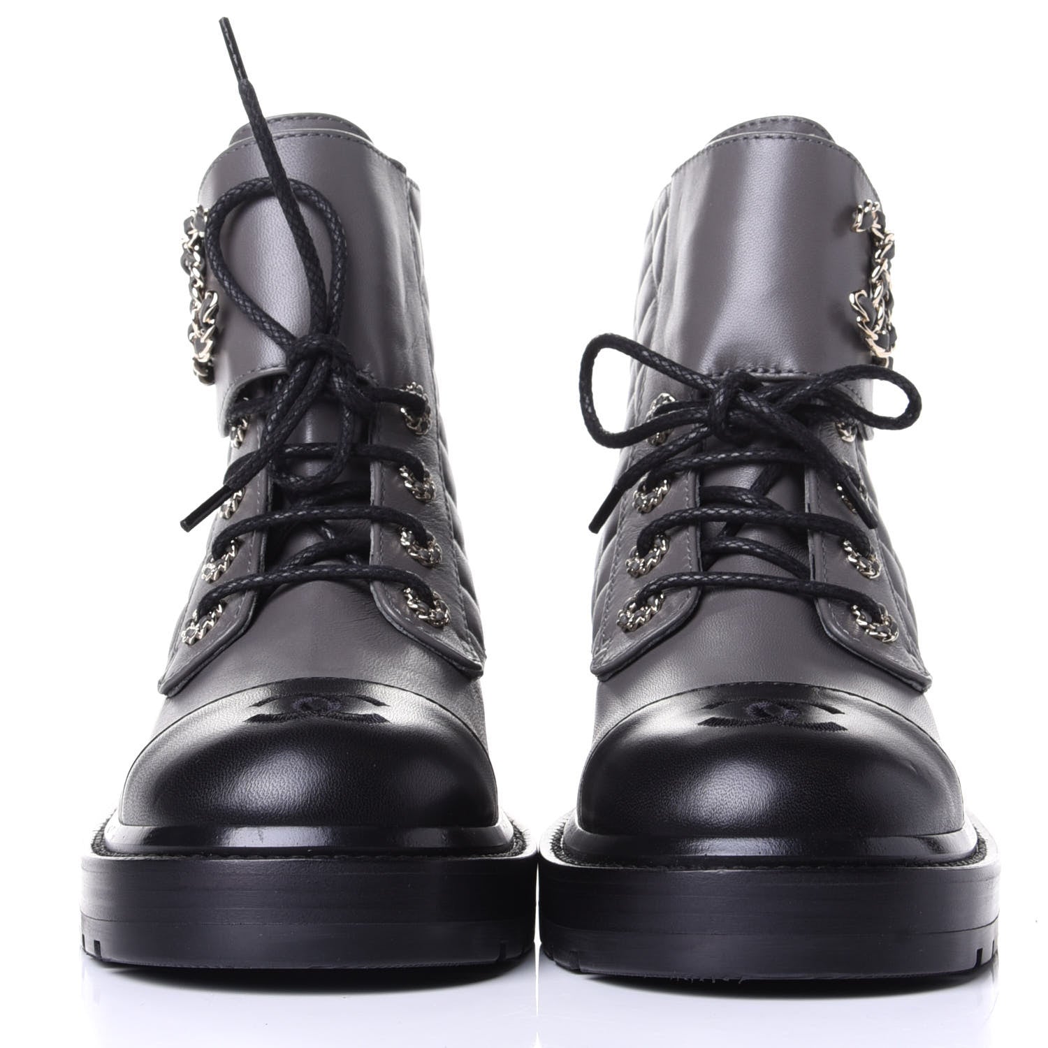 Chanel Shiny Lambskin Quilted Lace Up Combat Boots 38.5 Grey Black 2 of 11