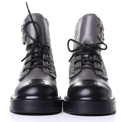 Chanel Shiny Lambskin Quilted Lace Up Combat Boots 38.5 Grey Black 2 of 11