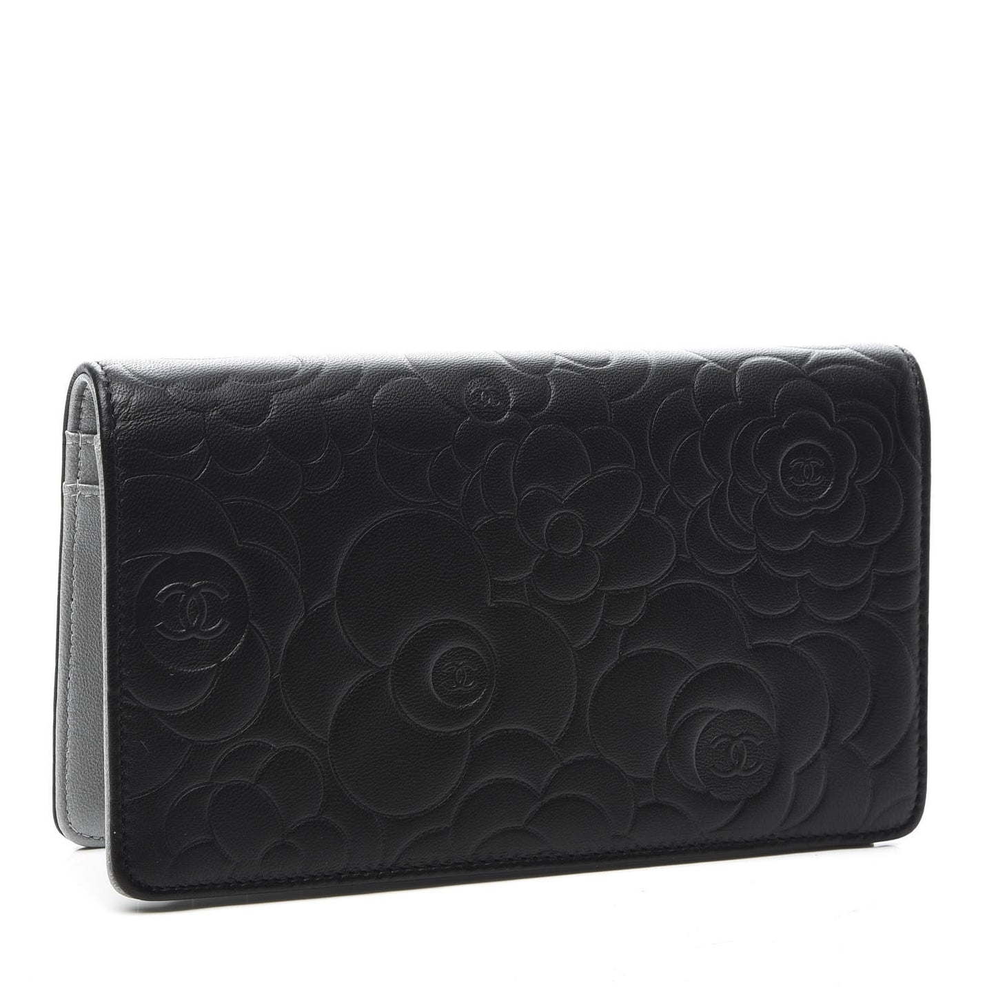 Lambskin Camellia Embossed Yen Wallet Black
