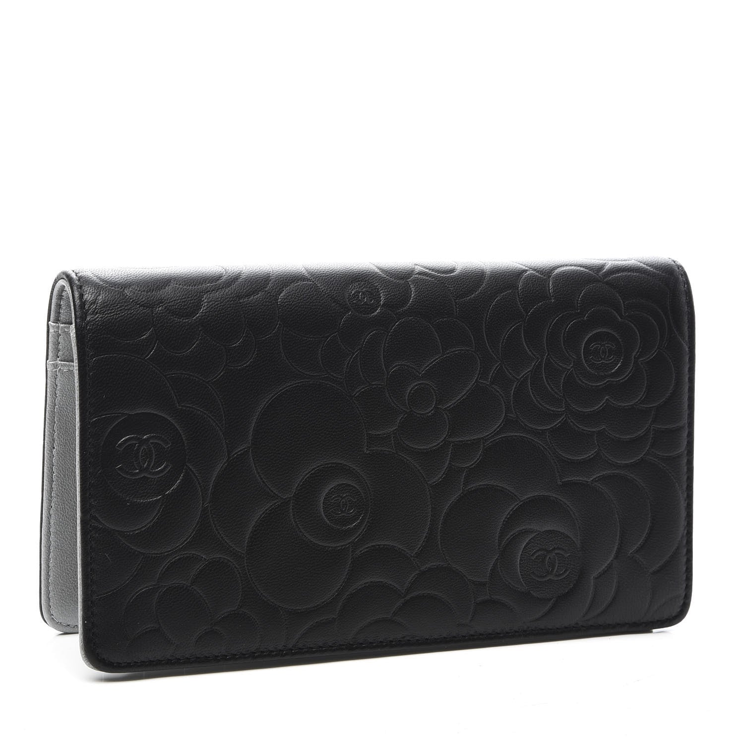 Chanel Lambskin Camellia Embossed Yen Wallet Black 2 of 9