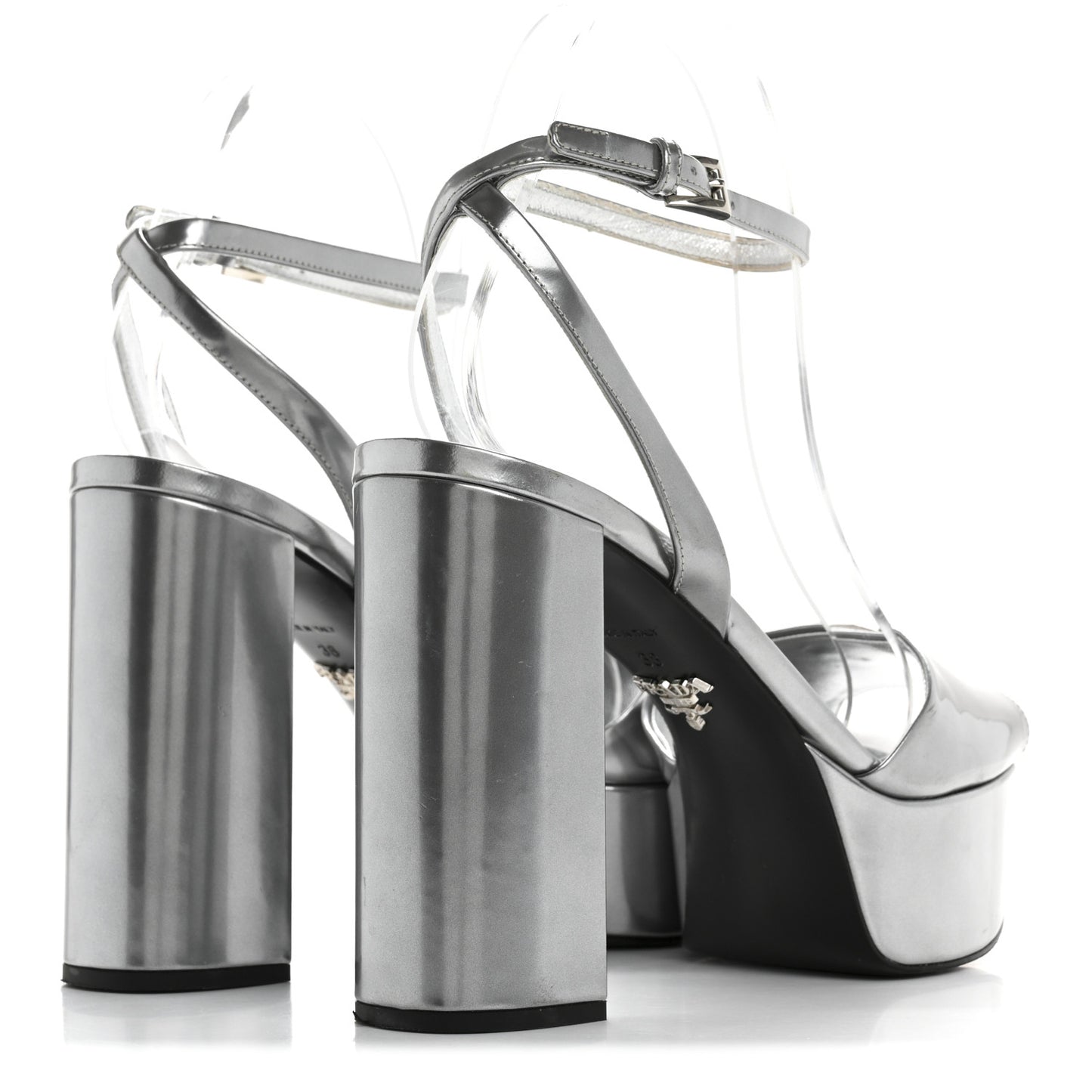 Metallic Calfskin Metal Triangle Logo Ankle Strap 40/115mm Platform Sandals 38 Silver