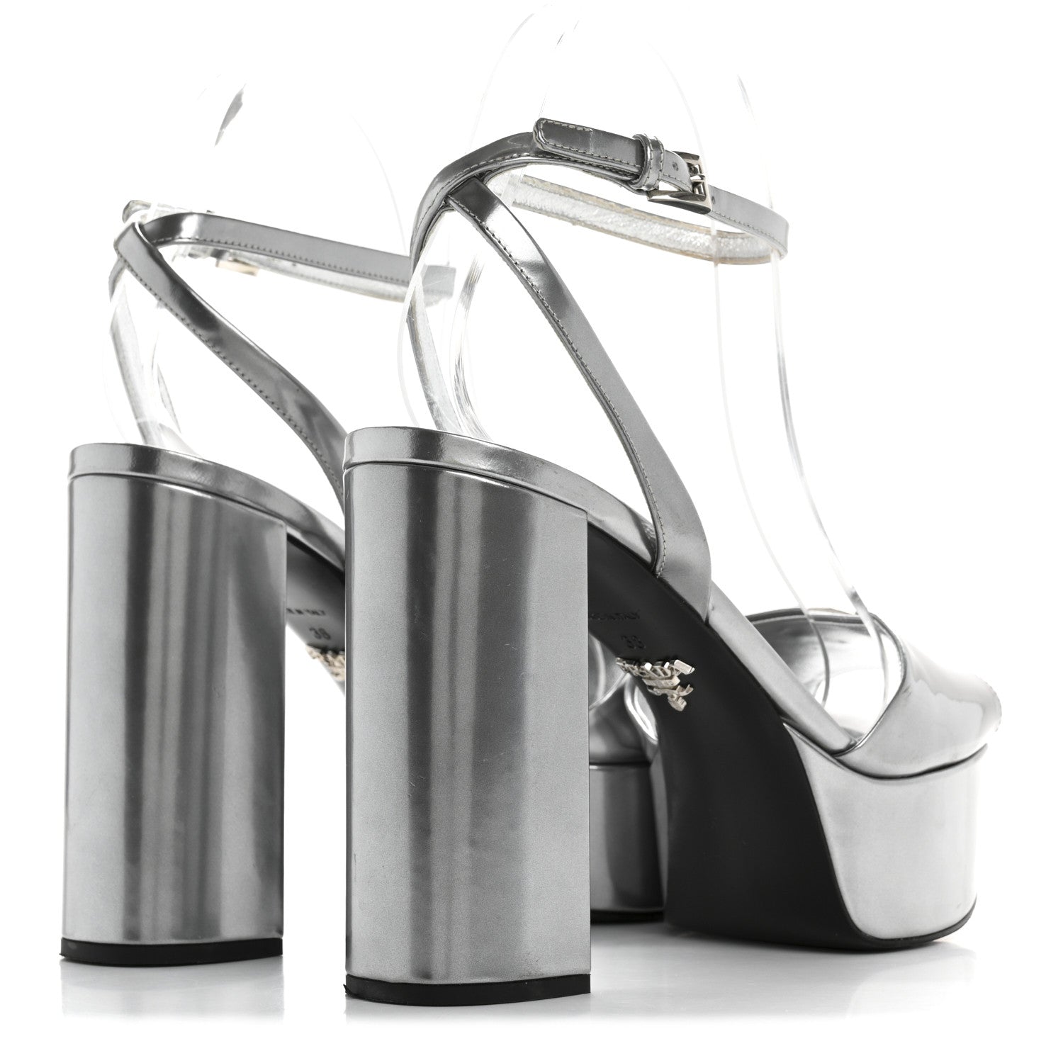 Prada Metallic Calfskin Metal Triangle Logo Ankle Strap 40/115mm Platform Sandals 38 Silver 5 of 11