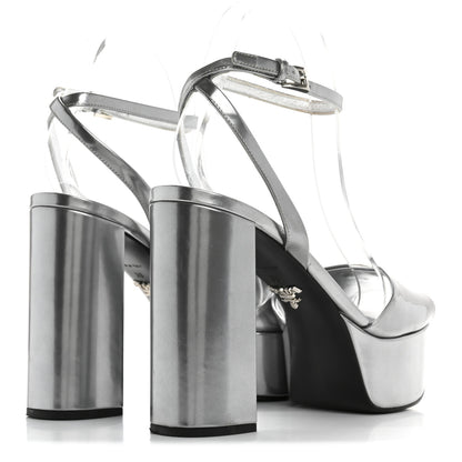 Prada Metallic Calfskin Metal Triangle Logo Ankle Strap 40/115mm Platform Sandals 38 Silver 5 of 11