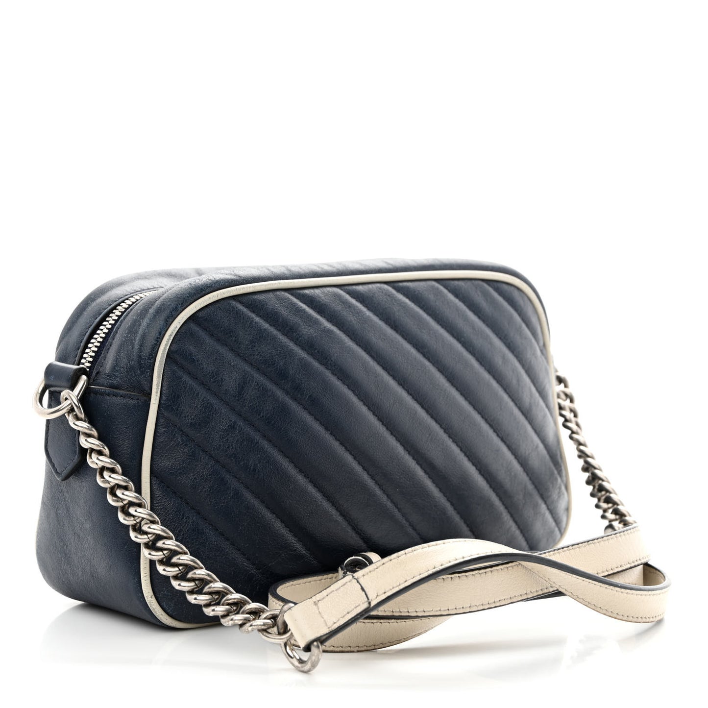 Vintage Effect Calfskin Matelasse Diagonal Small Torchon GG Marmont Chain Shoulder Bag Blue Agata Mystic White