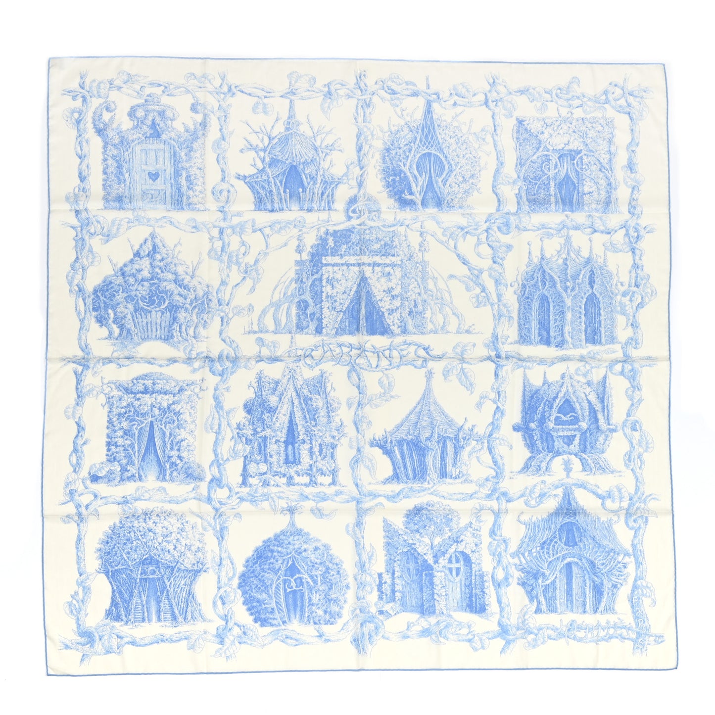 Cashmere Silk Les Cabanes Shawl 140 White Bleu Ciel