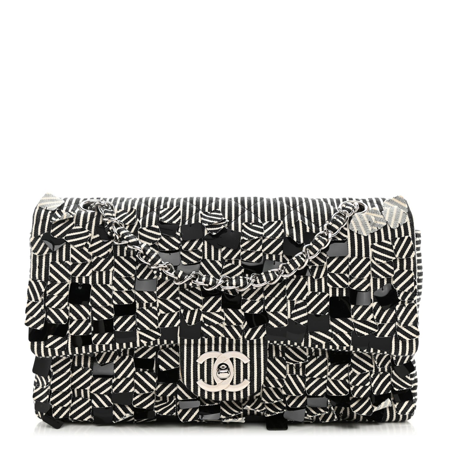 Canvas Sequin Stripe Medium Double Flap Black White