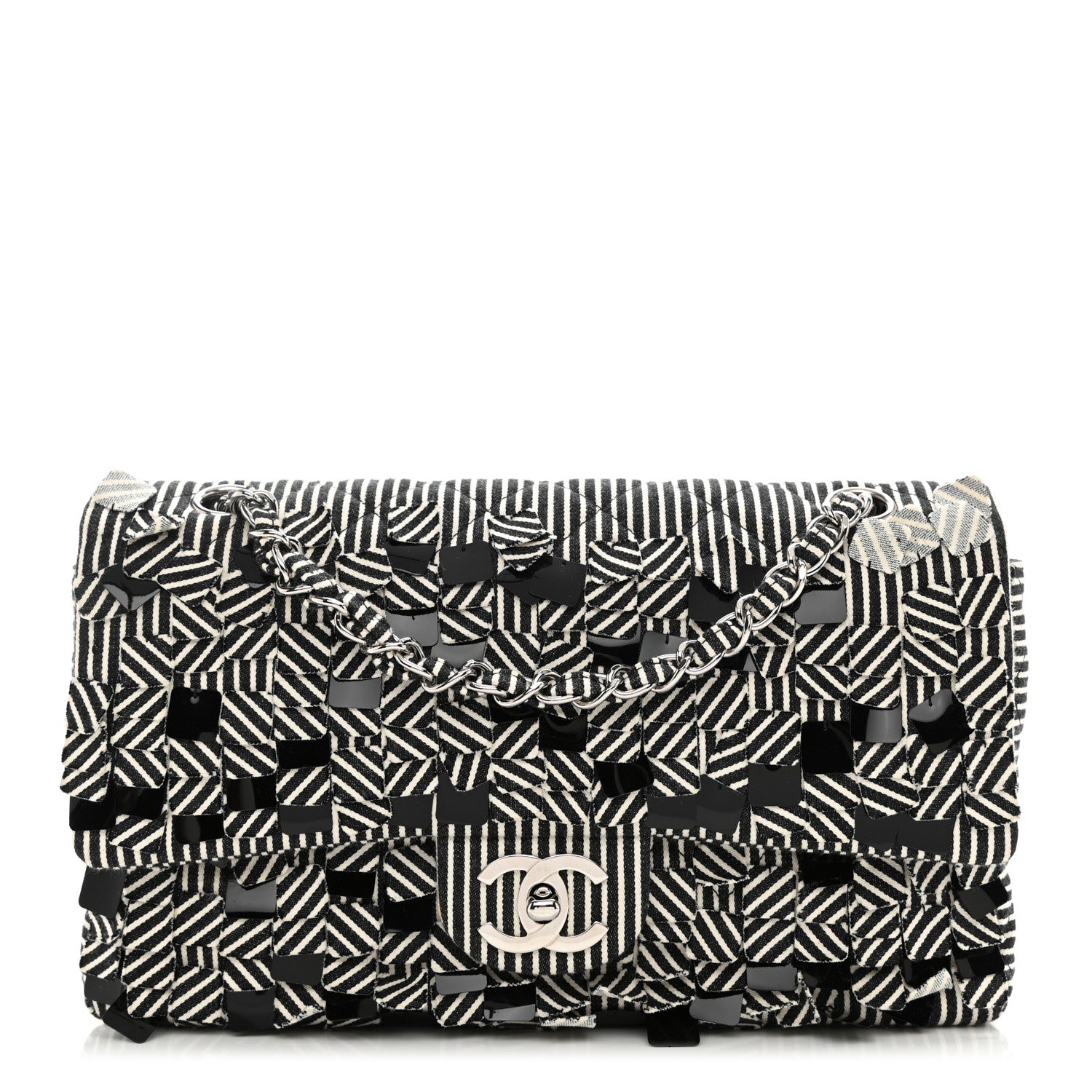 Chanel Canvas Sequin Stripe Medium Double Flap Black White 1 of 8