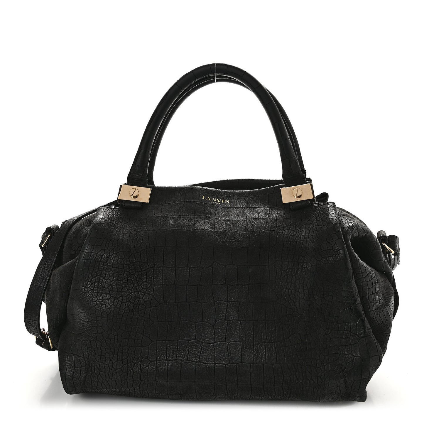 Crocodile Stamped Calfskin Trilogy Bowling Bag Black