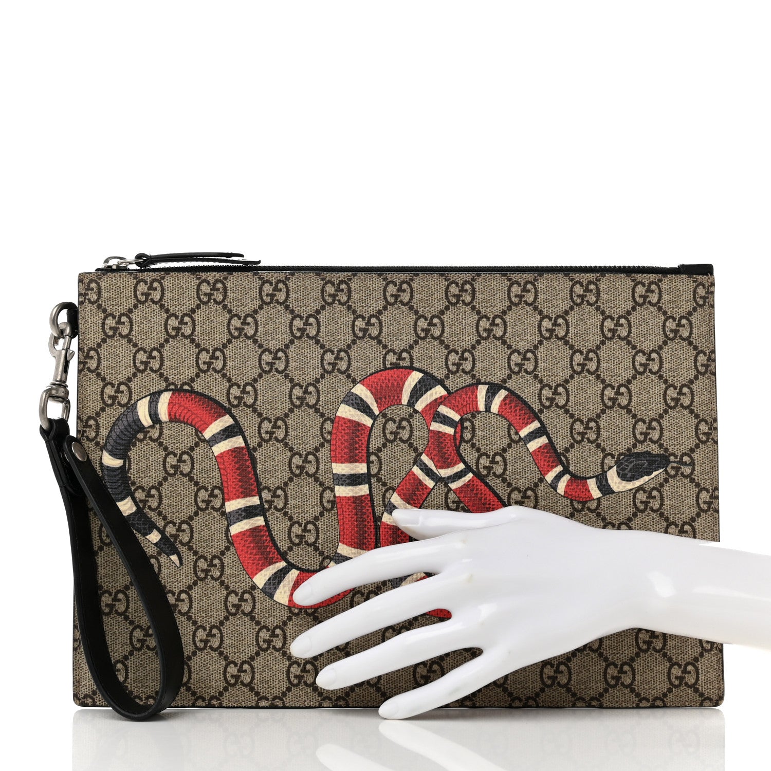 Gucci GG Supreme Monogram Kingsnake Zip Wristlet Pouch Beige Black 2 of 8