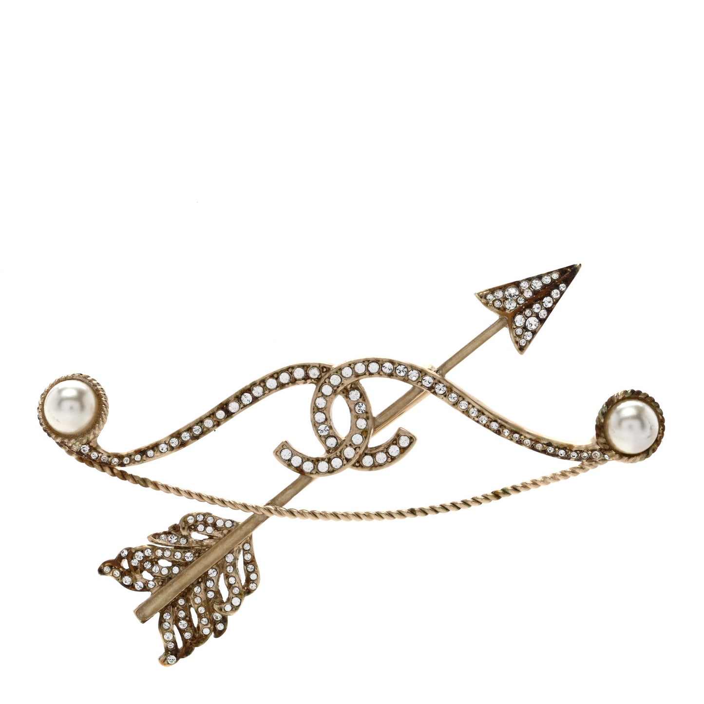Crystal Pearl CC Arrow Brooch Gold