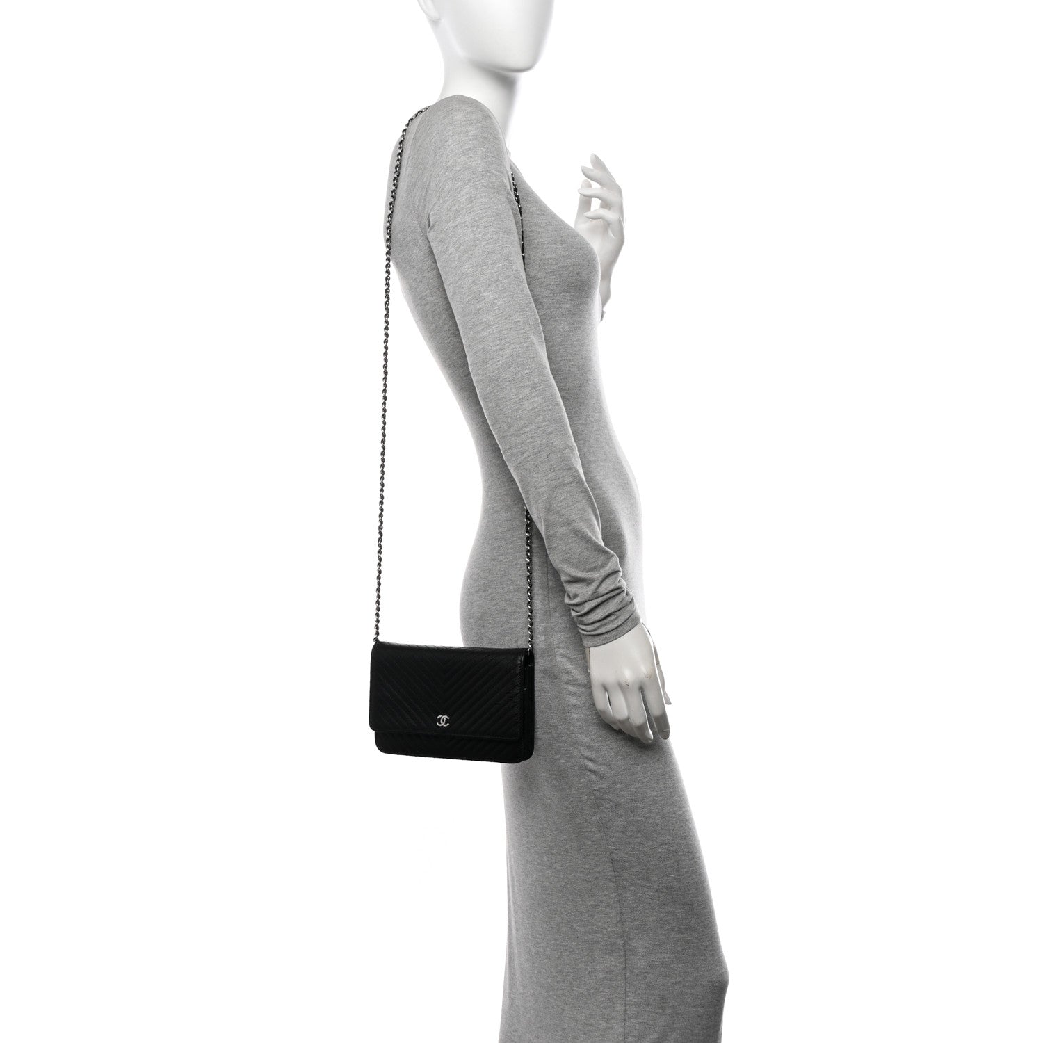 Chanel Caviar Chevron Quilted Wallet On Chain WOC Black 2 of 12