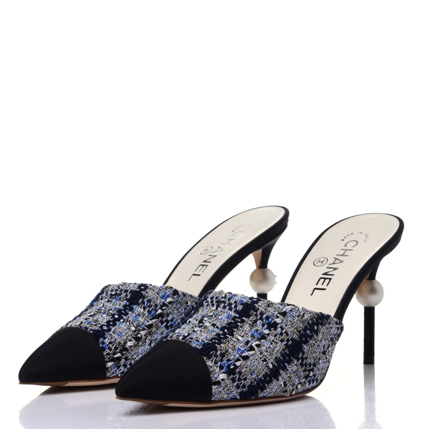 Tweed Grosgrain Pearl Mules 39 Navy White Black